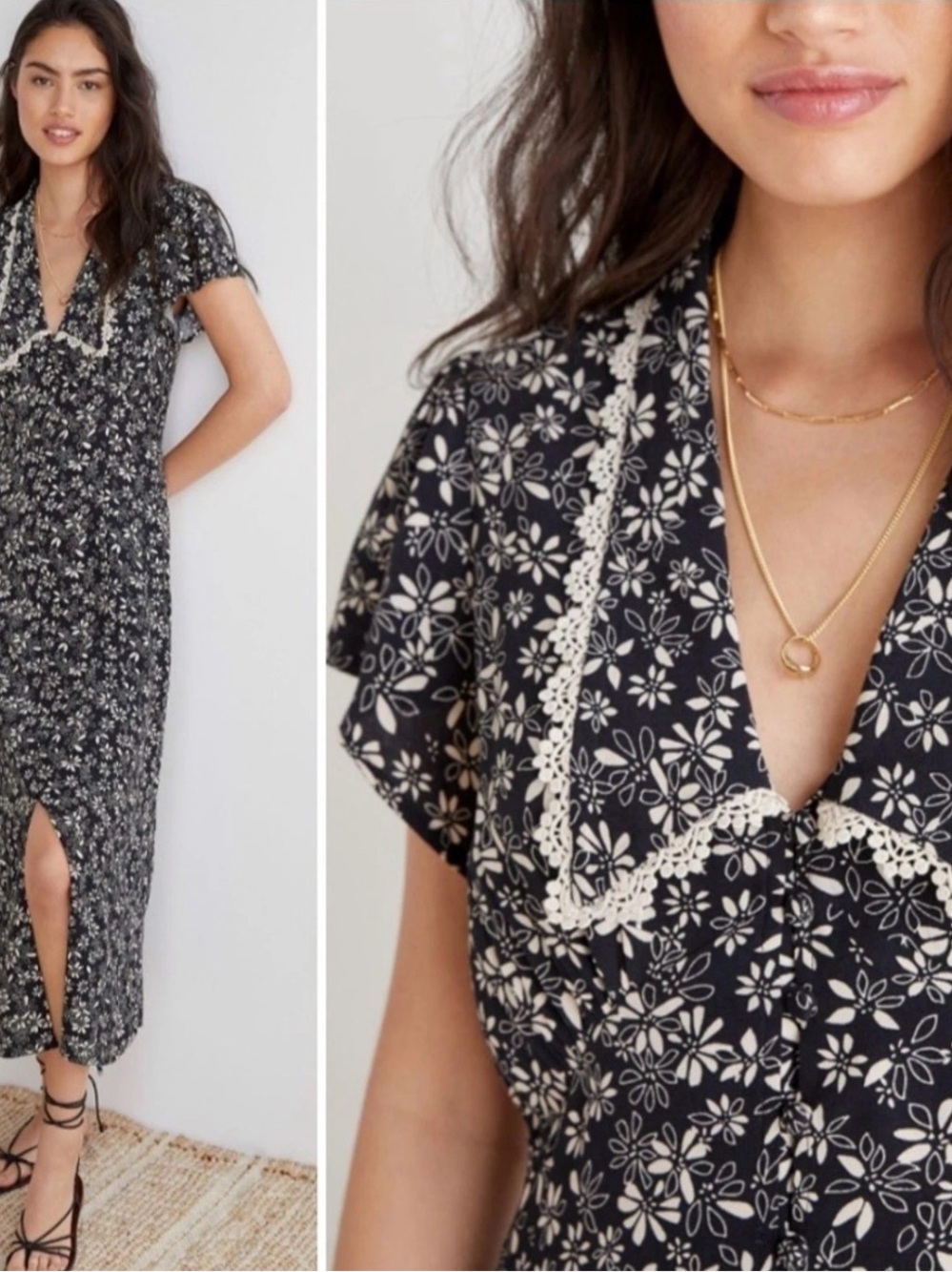 Anthropologie Kat Peter Pan Collared Floral Maxi Dress Black White 12 US Prairie